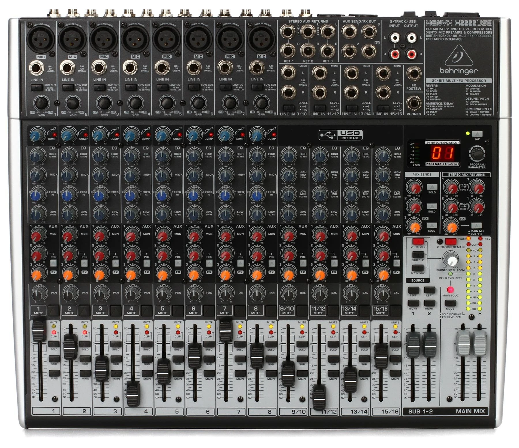 Behringer XENYX X2222USB Premium 22-Input 2/2-Bus Mixer with XENYX Mic Preamps and Compressors, British EQ, 24-Bit Multi-FX Processor and USB/Audio Interface