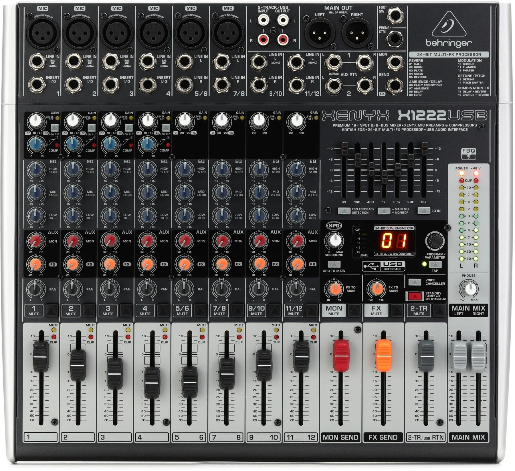 Behringer XENYX X1222USB Premium 16-Input 2/2-Bus Mixer with XENYX Mic Preamps and Compressors, British EQ, 24-Bit Multi-FX Processor and USB/Audio Interface