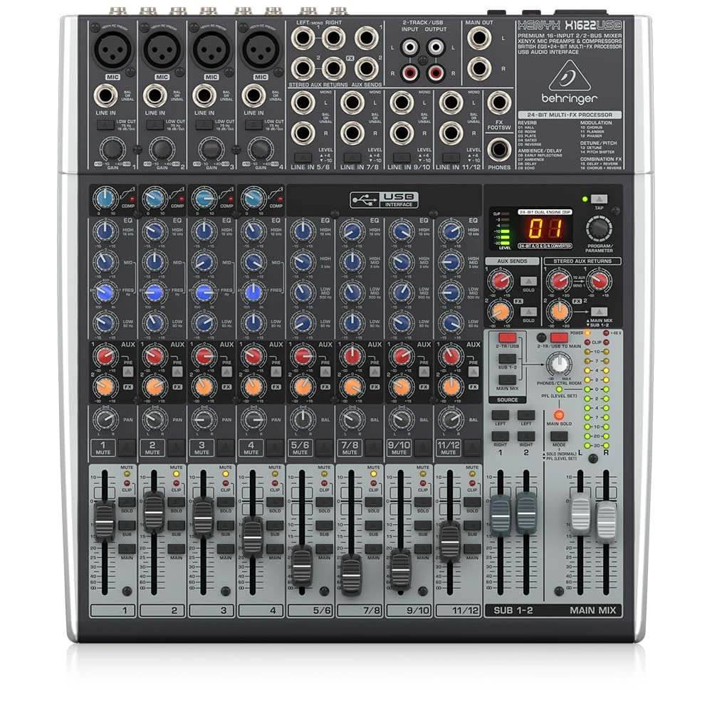 Behringer XENYX X1622USB Premium 16-Input 2/2-Bus Mixer with XENYX Mic Preamps and Compressors, British EQ, 24-Bit Multi-FX Processor and USB/Audio Interface