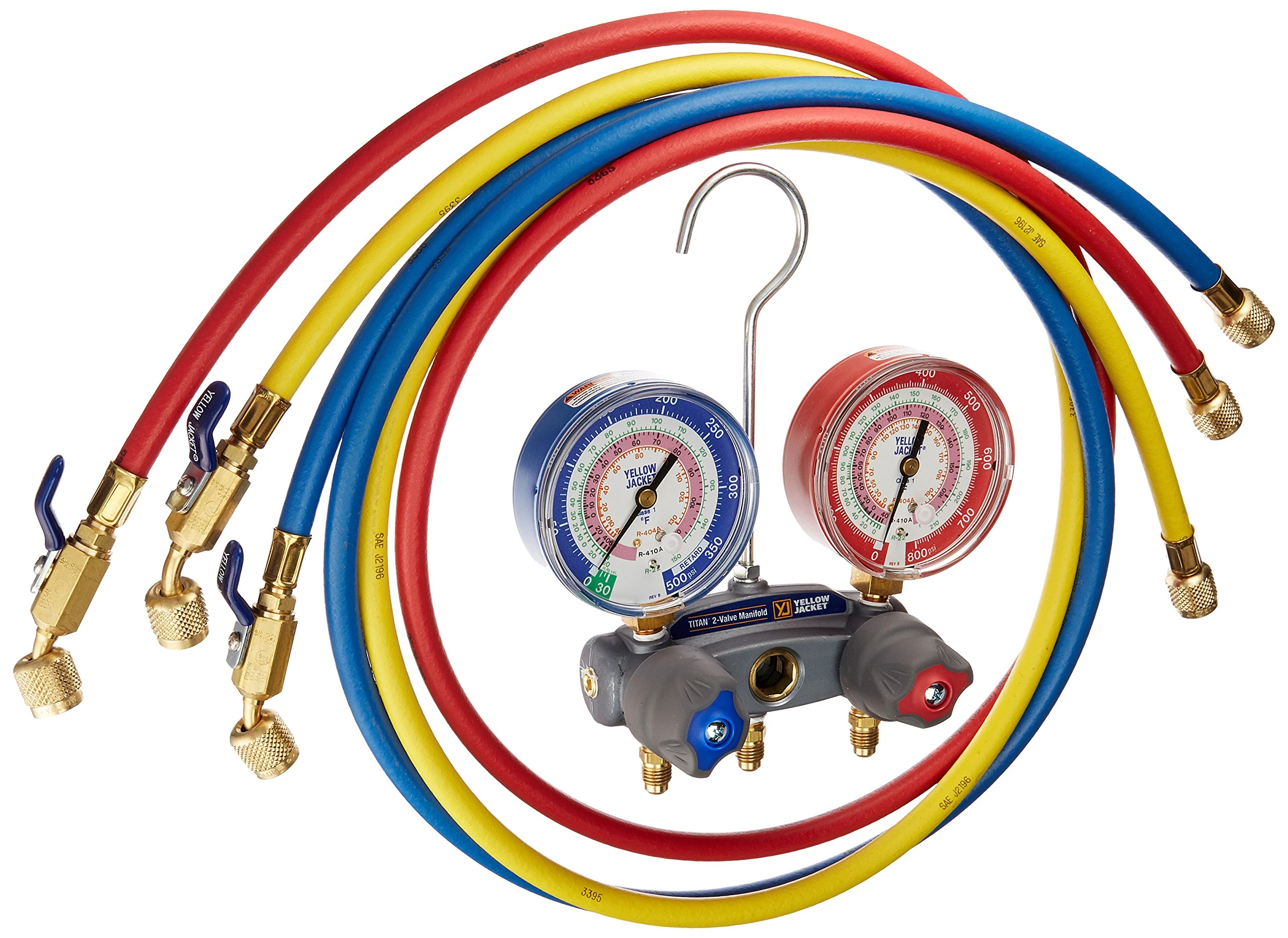 Yellow Jacket 49868 Titan 2-Valve Test and Charging Manifold Degrees F, psi Scale, R-22/404A/410A Refrigerant, Red/Blue Gauges