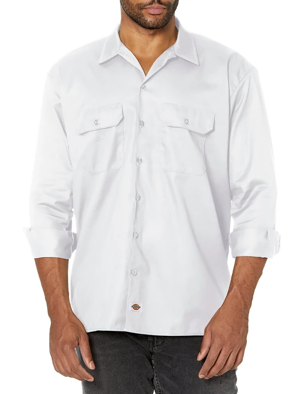 Dickies Men's Long Sleeve Work Shirt Button, White, XL
