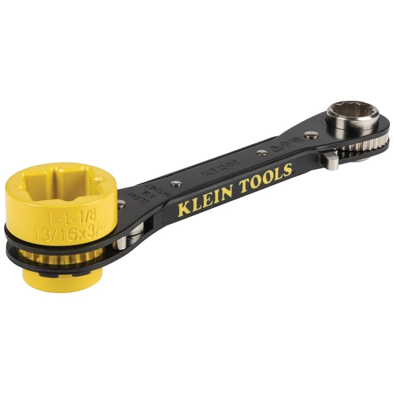 KLEIN TOOLS KT155T 6-in-1 Lineman's Ratcheting Wrench with Bolt Through Design and Bright Yellow Socket