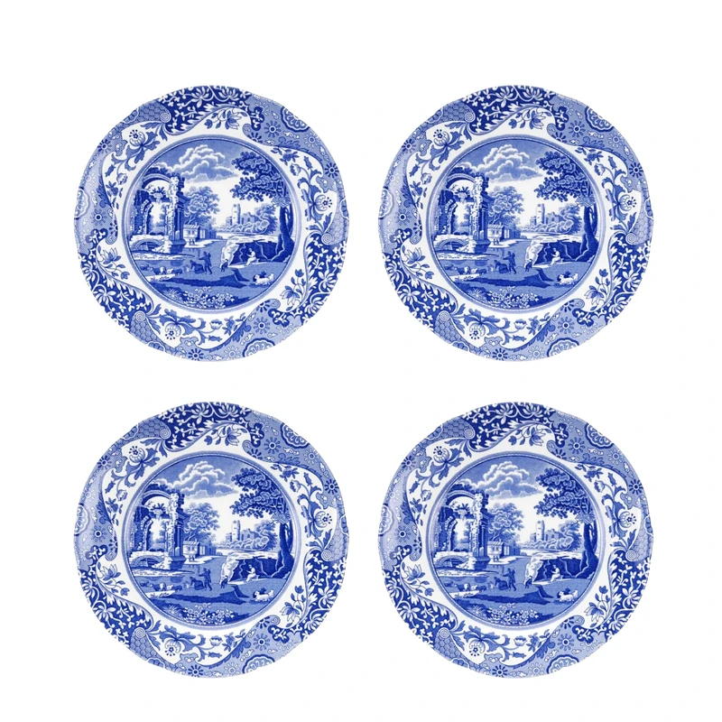 Spode Blue Italian Salad Plates Set of 4, 7.25”, Fine Earthenware, Made in England, Dishwasher Safe (Blue/White,8")