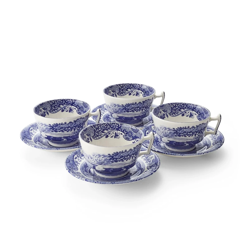Spode Blue Italian Teacup and Saucer, Set of 4