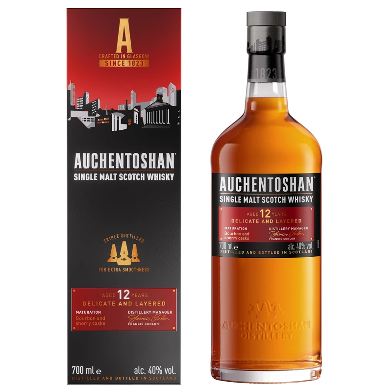 Auchentoshan 12 Years Old | Single Malt Lowland Scotch Whisky | Triple Distilled | Smooth Vanilla, Citrus & Toasted Almonds | Aged in ex Bourbon and Sherry Casks | 40% ABV | 70cl