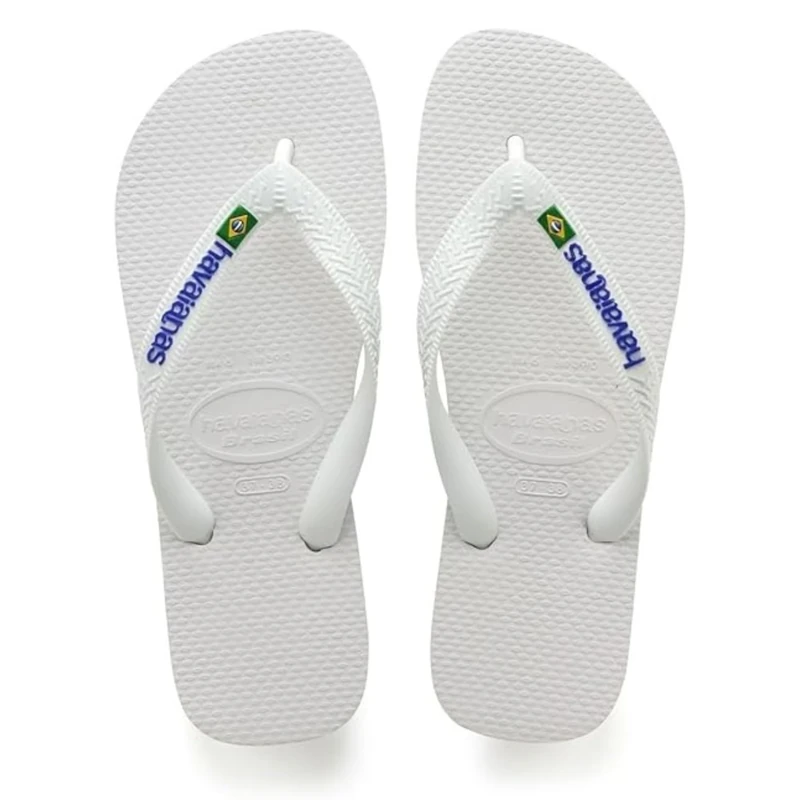 Havaianas - Brasil Logo, Iconic, Comfortable and Durable Flip-Flops, Straps with Brazilian Flag and Non-Slip Sole with Colourful Stripes, Adults Unisex, White, 12/13