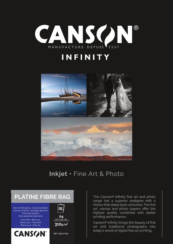 CANSON Infinity Platine Fibre Rag Ultra Smooth Glossy 310gsm A4 Paper, Digital Darkroom Papers, 25 Pure White Sheets, Ideal for Professional Photographers