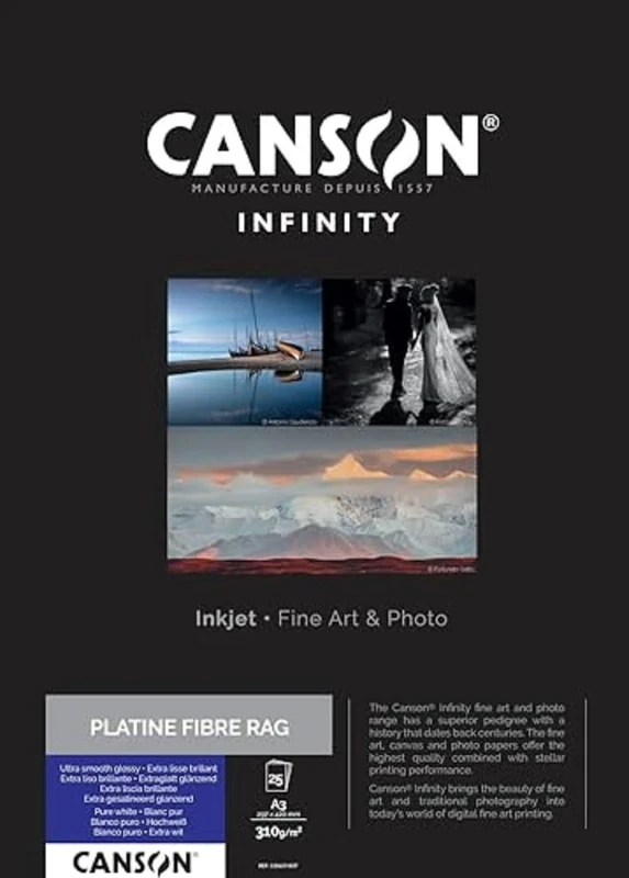 CANSON Infinity Platine Fibre Rag Ultra Smooth Glossy 310gsm A3 Paper, Digital Darkroom Papers, 25 Pure White Sheets, Ideal for Professional Photographers