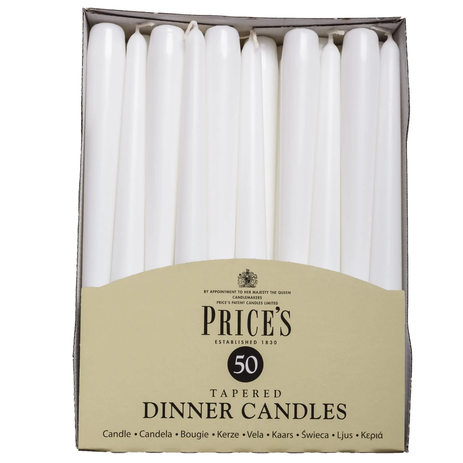 Price's Candles Tapered Dinner Candles White Unscented Wax Pack of 50 | 7 Hour Burn Time Elegant Long Candles for Home Decor, Events, Celebrations & Dining