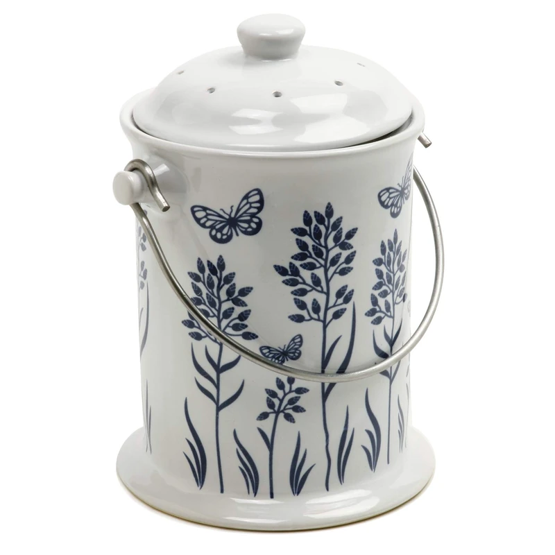 Norpro 3-Quart Ceramic Compost Keeper, Blue and White