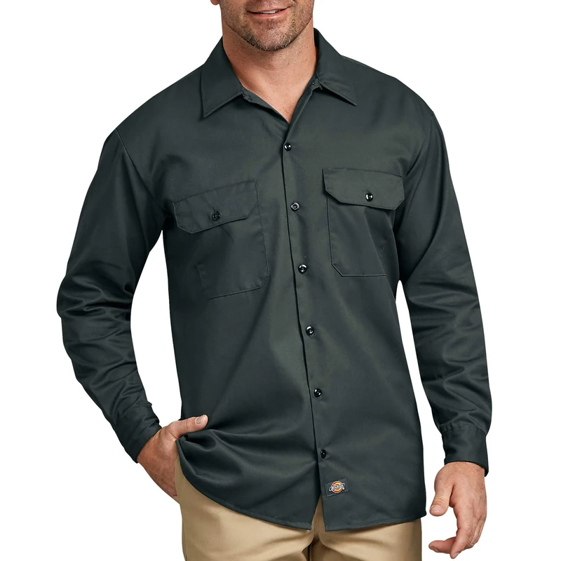Dickies Men's Long Sleeve Work Shirt Button, Hunter Green, XL Tall - Image 1