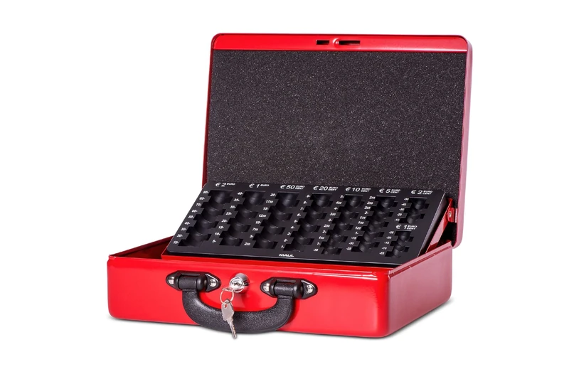 Maul Cash Box with Counter Insert, Steel, Euro Insert, Security Cylinder Lock, 300 x 245 x 93 mm, Red