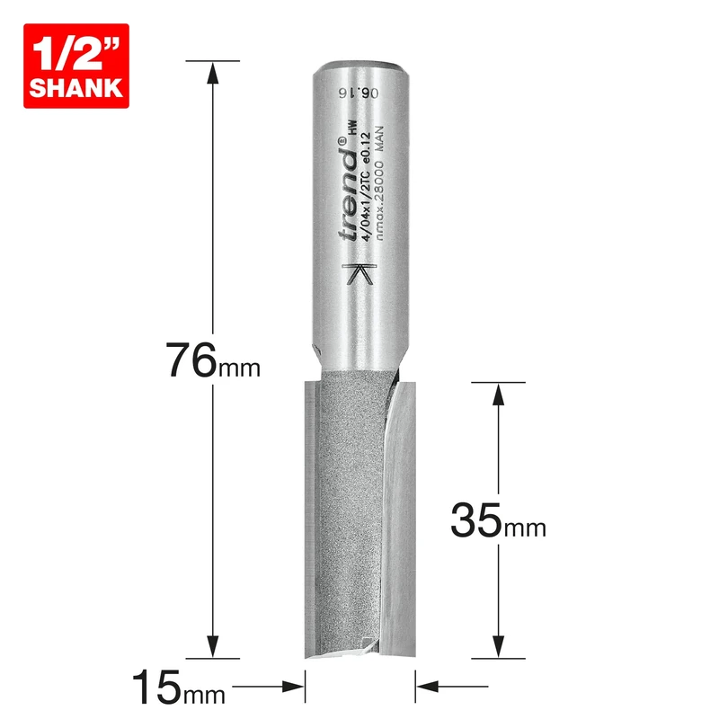Trend Professional Straight Two Flute Router Cutter, 1/2 Inch Shank, 15mm Cut Diameter & 35mm Cut Length, Tungsten Carbide Tipped, 4/04X1/2TC