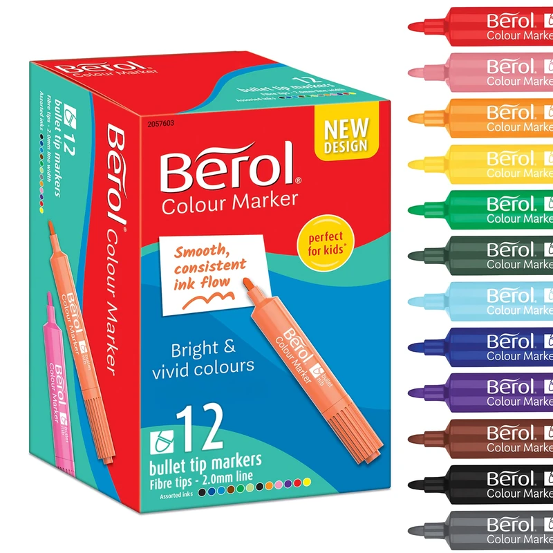 Berol Felt Tip Colouring Markers | Bullet Point (2.0mm) | Assorted Colours with Washable Ink | 12 Pens