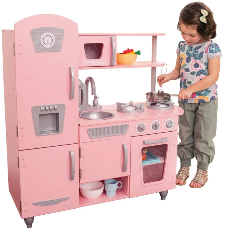 KidKraft Pink Vintage Toy Kitchen, Wooden Play Kitchen with Toy Phone, Kids' Kitchen set with Retro Toy Fridge, 53179 - Amazon Exclusive