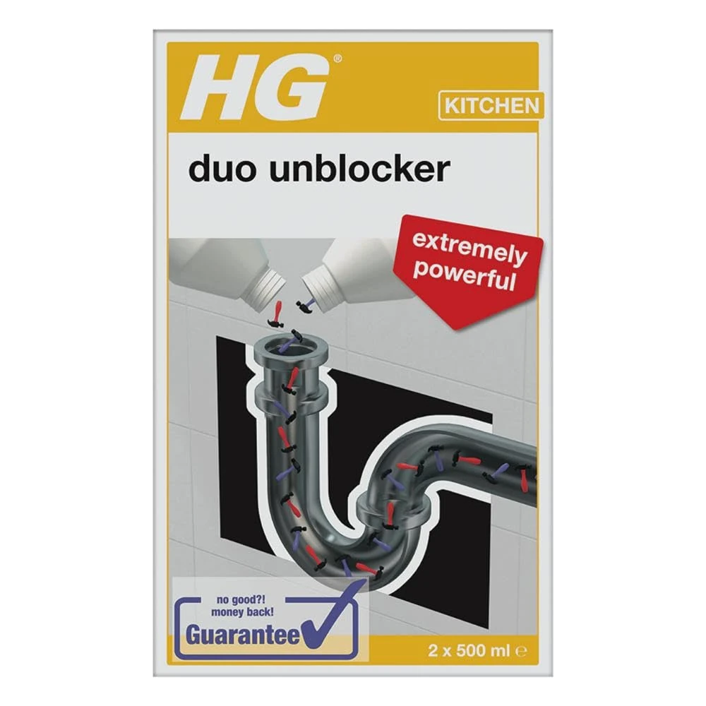 HG Duo Unblocker, Powerful Drain Cleaner, for Kitchen Sink or Bathroom Pipes - 2 x 500 ml