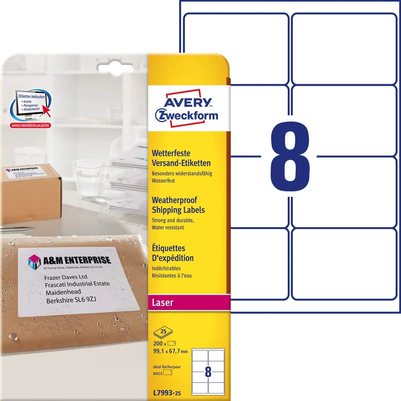 Avery Zweckform L7993 25 (A4 200 Labels, 99.1 x 67.7 MM 25 Sheets White