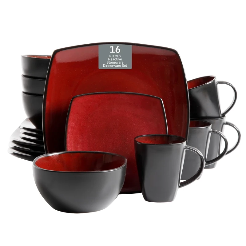 Gibson Soho Lounge 61220.16RM Square Reactive Glaze Stoneware Dinnerware Set, Red