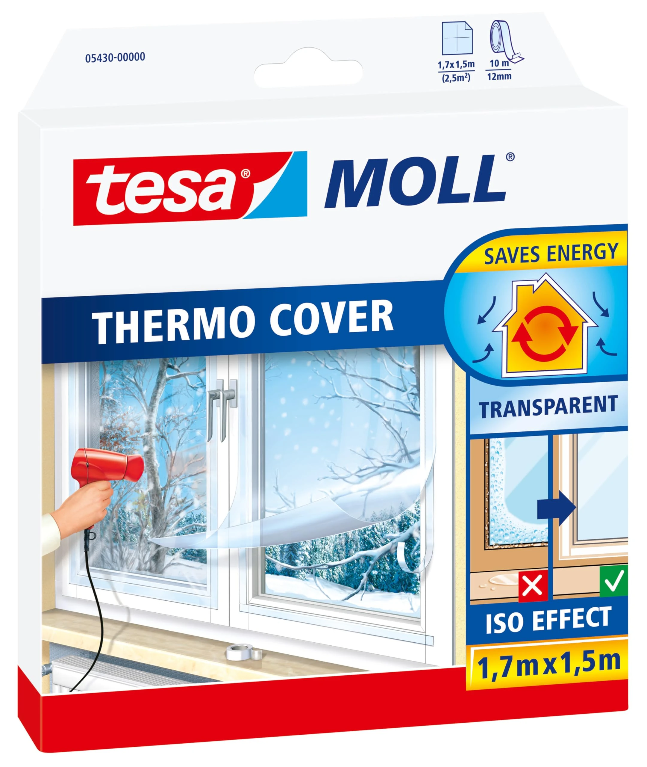 tesamoll Thermo Cover Window Insulating Film - Transparent Insulating Foil for Thermal Insulation of Windows - Includes Double Sided Tape for Easy Installation - 1.7 m x 1.5 m