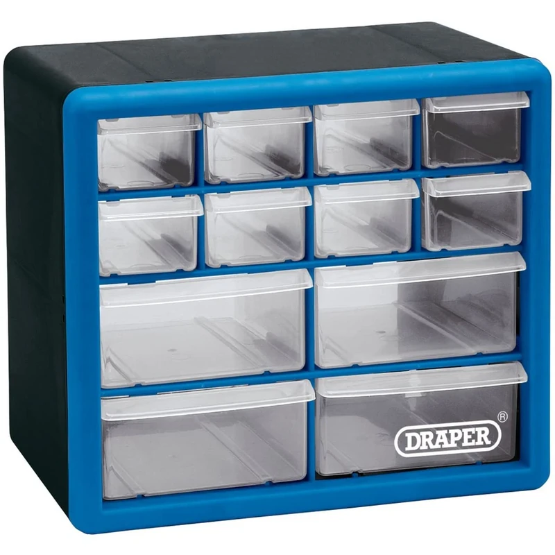 Draper 12 Drawer Organiser Storage Unit Plastic | Workshop Home Office Cabinet Cupboard | Wall Mountable | 12014, 12 Part - Image 1