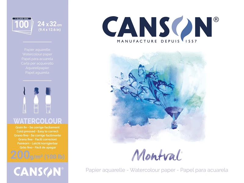 CANSON Montval® Watercolour Block glued on The Long Side, 24 x 32 cm, 100 Sheets, 200 g/m2, fine Grain