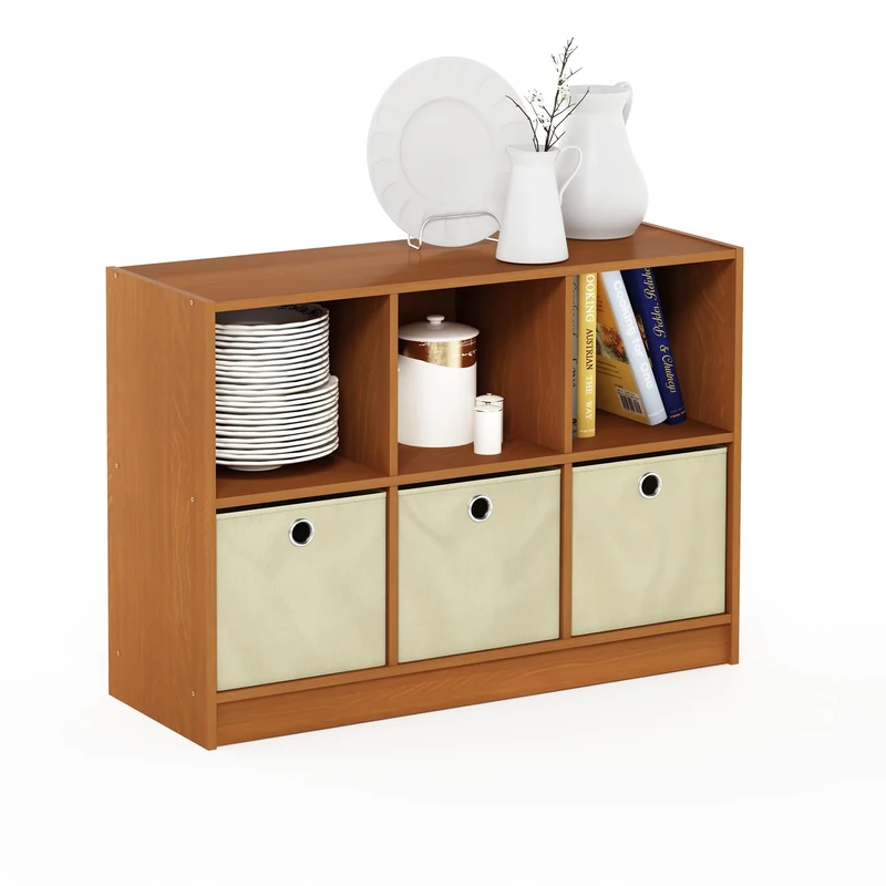 Furinno BASIC Book Shelf, 6-Cube Bookshelf, 3 x 2 Bookcase with Storage Bins, 11.9 x 31.6 x 23.6, for Living Room, Bedroom, Home Office, Light Cherry