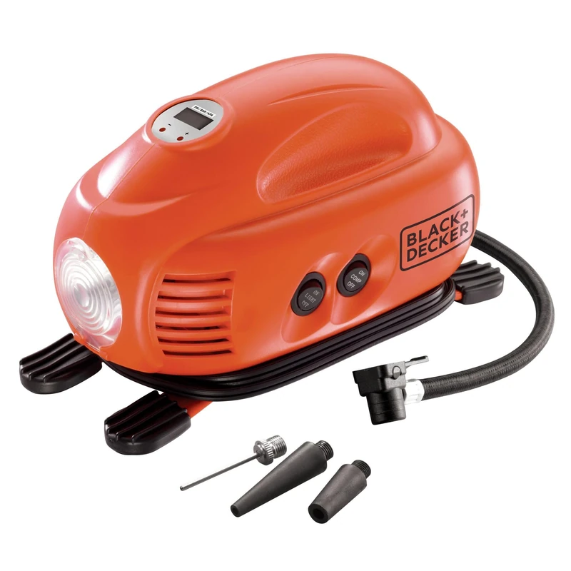 Black+Decker ASI200 8.27 bar / 120 PSI Compressor with 12 V Cigarette Lighter Socket Digital Display Automatic Shut-Off with 3 Valve Attachments 3.1 m Cable