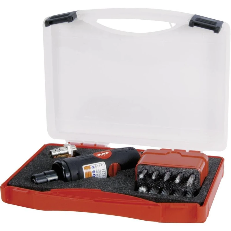 Ruko Tungsten Carbide Compressed Air Grinder Set with Coupling Plug and Tungsten Carbide Rotary Burrs in Plastic Case, Bright Finish, 12 Pieces, R116100