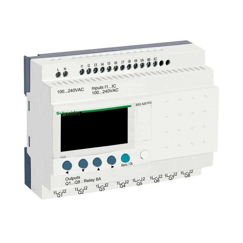 Schneider Electric SR2 A201FU Relay Intelligent Compact, S/Relógio, 8 Relay Outputs, 20 E S, 8 A Current Output Thermal, 100 – 240 V AC