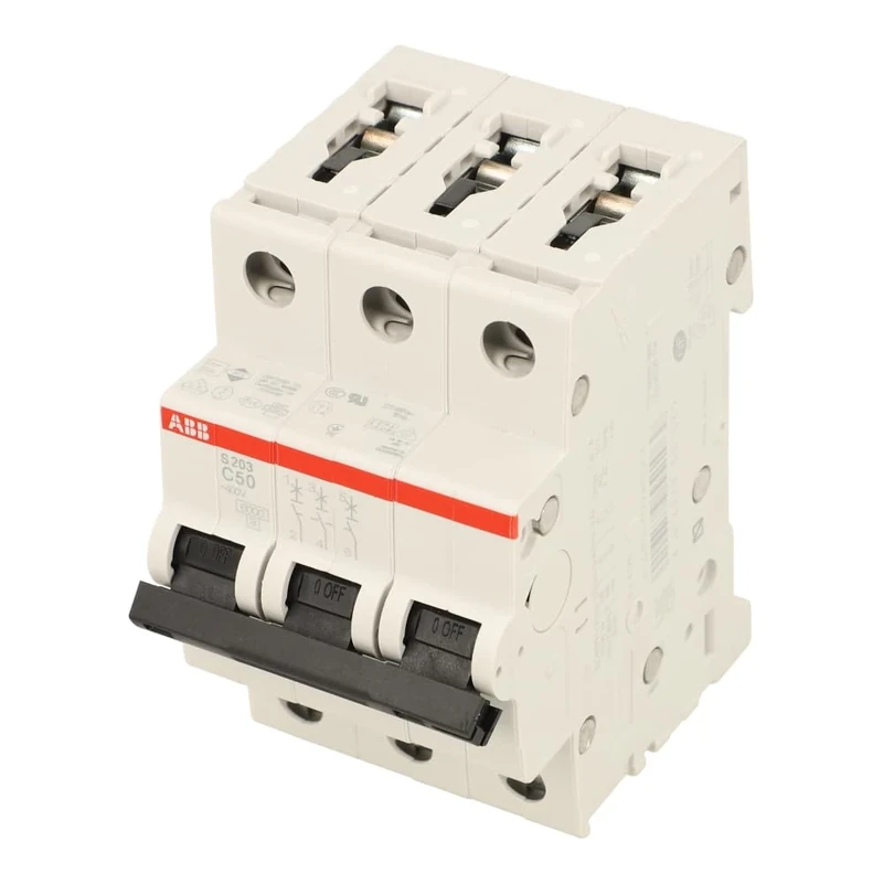 ABB S203-C50 Miniature Circuit Breaker, 3 Pole, Type C, 6/10kA Breaking Capacity, 50 Amp Current (2CDS253001R0504)
