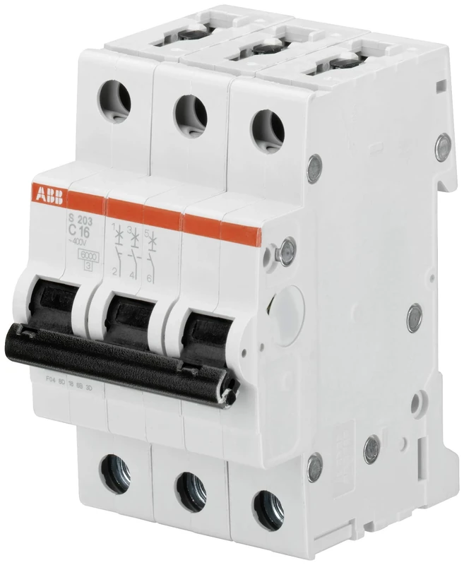ABB S203-C4 Miniature Circuit Breaker, 3 Pole, Type C, 6/10kA Breaking Capacity, 4 Amp Current (2CDS253001R0044)