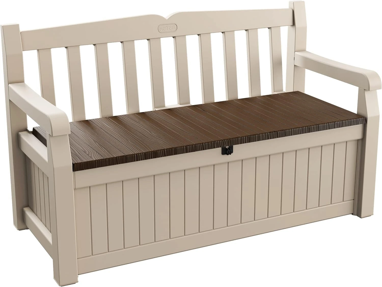 Keter Eden Bench 265L Outdoor 60% recycled Garden Furniture Storage Box Beige & Brown Wood Panel Effect | Fade Free | All Weather Resistant | Safe and Secure | Zero Maintenance | 2 year Warranty