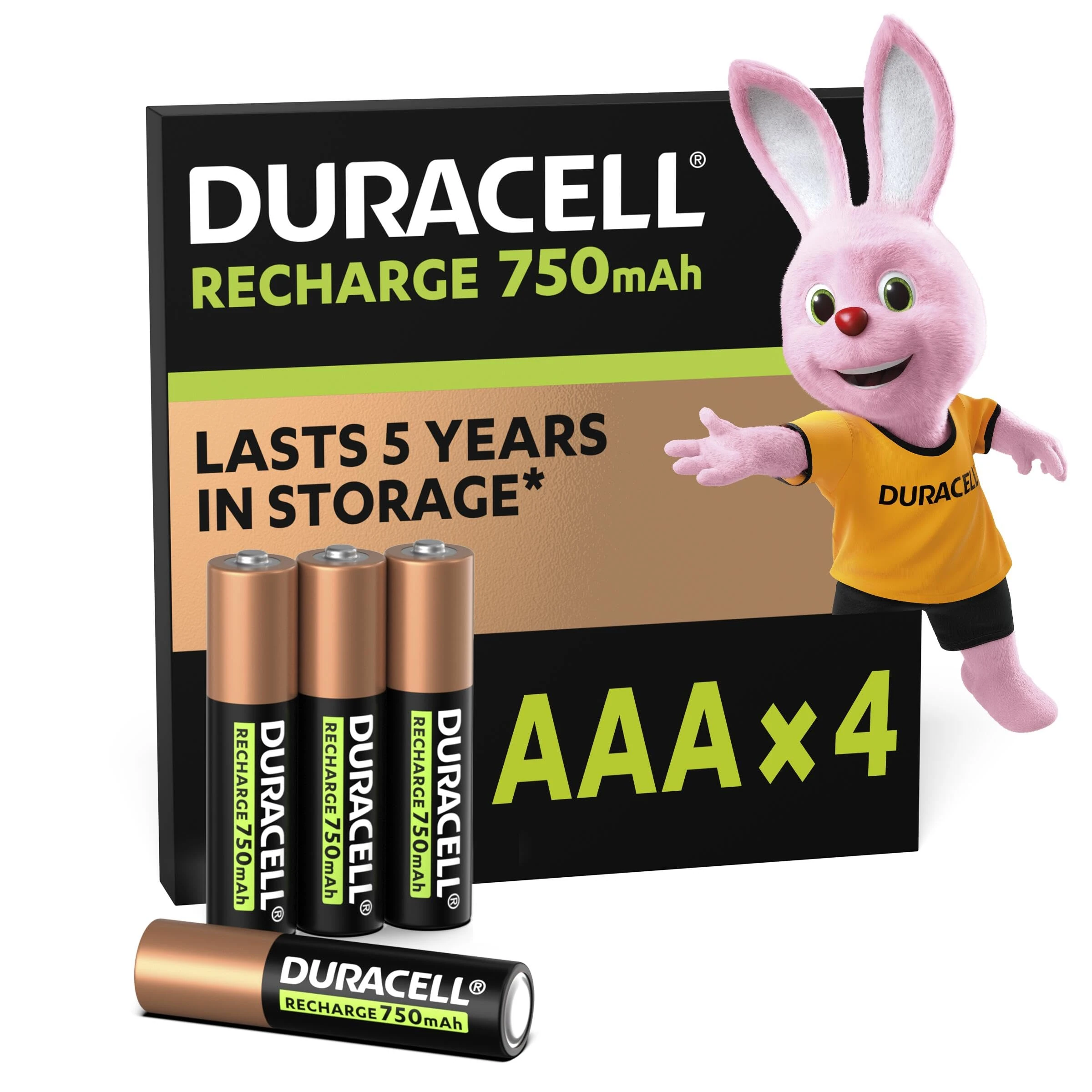 Duracell AAA Rechargeable Batteries (Pack of 4), 750 mAh NiMH, 1000 cycles, pre-charged, Long Lasting Power with a 0% plastic 100% recyclable packaging