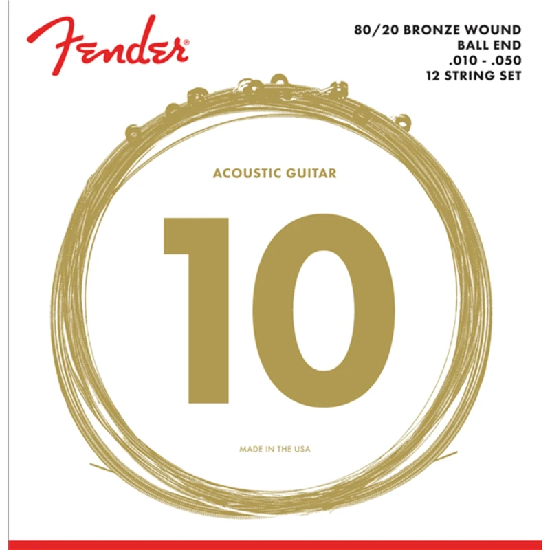 Fender 80/20 Bronze Acoustic Guitar Strings for 12-string Guitar, Ball End, 70-12L .010-.050 Gauges, (12)
