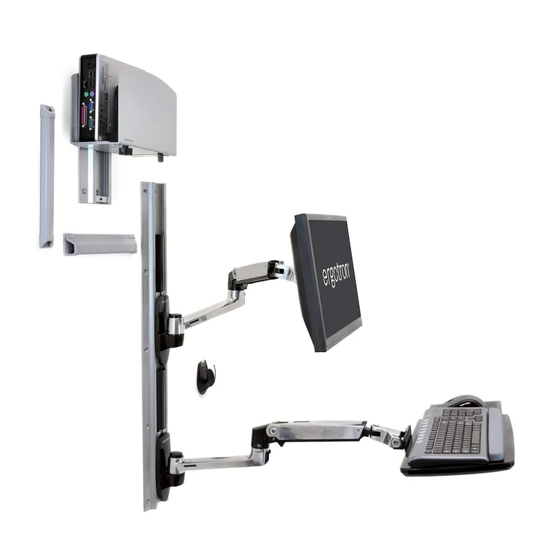 Ergotron LX Wall Mount System - Mounting kit (wall arm, CPU holder, mouse holder, 2 track covers, keyboard arm, 2 cable channels, wrist rest) for LCD display / keyboard / mouse / CPU - polished aluminium - screen size: up to 24" - wall-mountable - Image 1