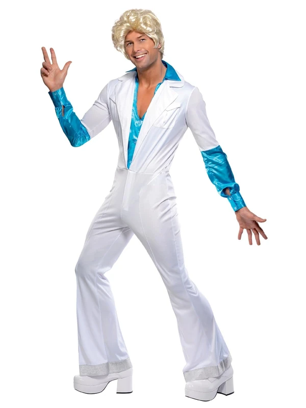 Smiffys Disco Man Costume, All in One, White Jumpsuit with Attached Shirt, 1970s Style, 1970's Disco Fancy Dress, Adult Dress Up Costumes