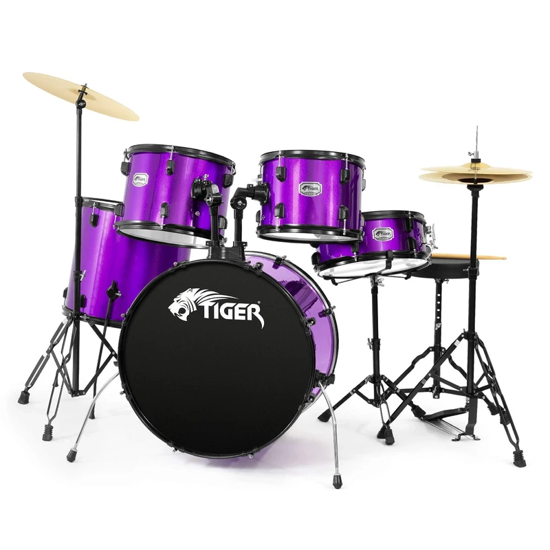 TIGER DKT28-PU Full Size Acoustic Drum 22" Bass Drum Kit with Stands Stool Sticks & Cymbals - Purple
