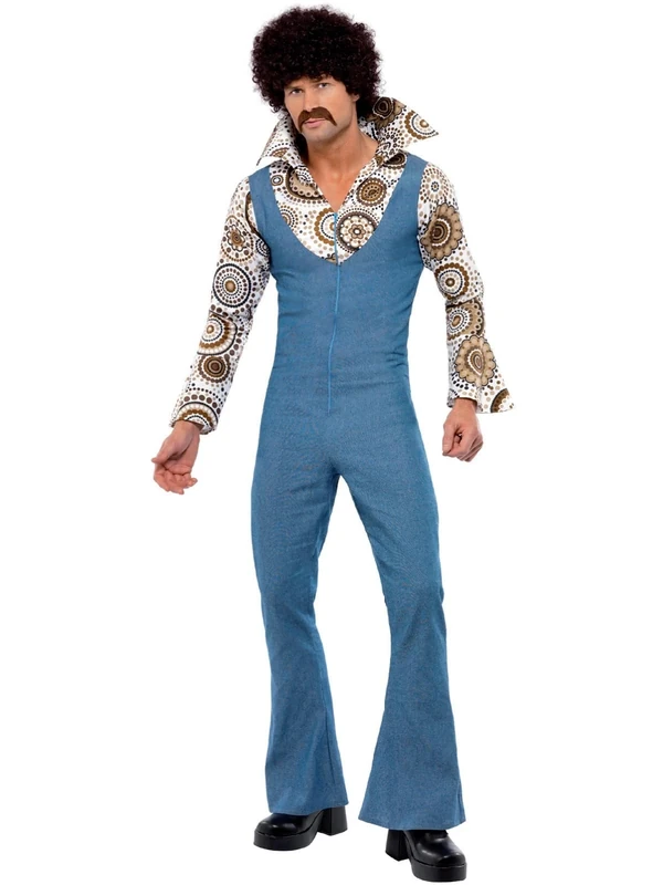 Smiffys Groovy Dancer Costume, Blue Jumpsuit with Attached Mock Shirt, 1970's Disco Fancy Dress, Adult Dress Up Costumes, World Book Day