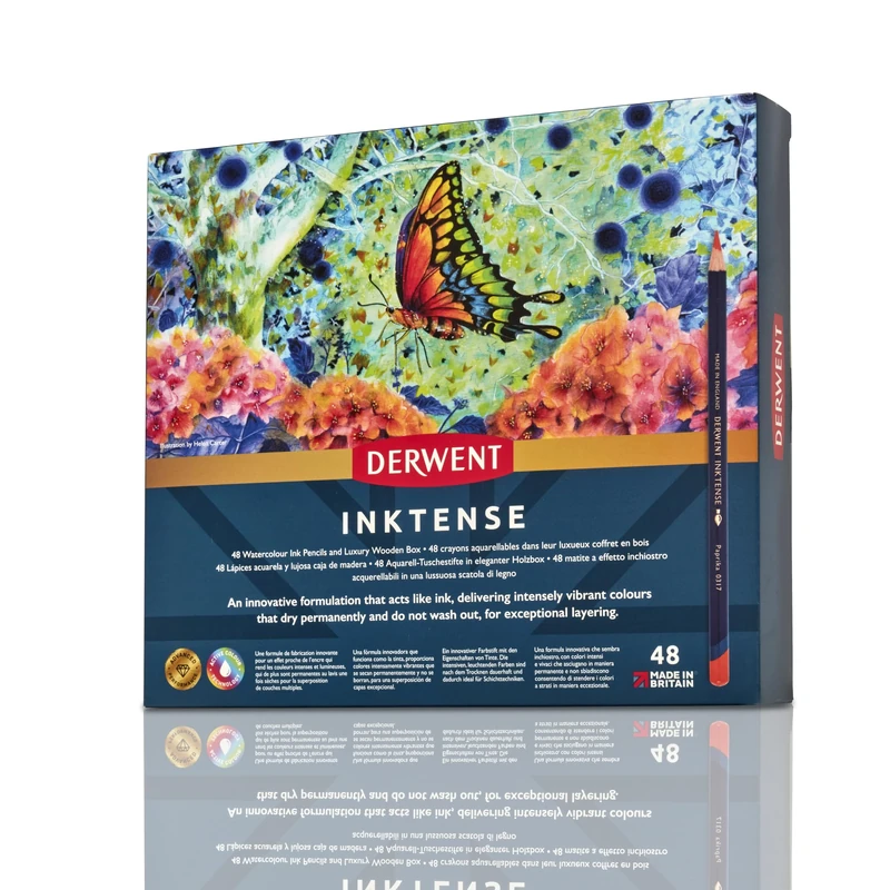 Derwent Inktense Permanent Watercolour Pencils, Set of 48 in a Wooden Gift Box, 4mm Premium Core, Water-Soluble, Ideal for Colouring, Painting and Crafting, Professional Quality (2300151)