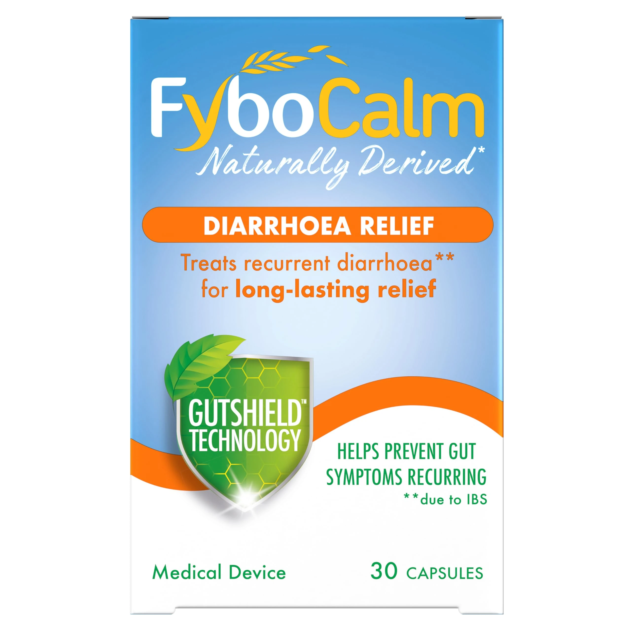 Fybocalm Diarrhoea relief, 30 capsules, Naturally derived, Diarrhoea relief for adults, long-lasting relief, for IBS-related constipation, Clinically proven, Gluten free, Lactose free