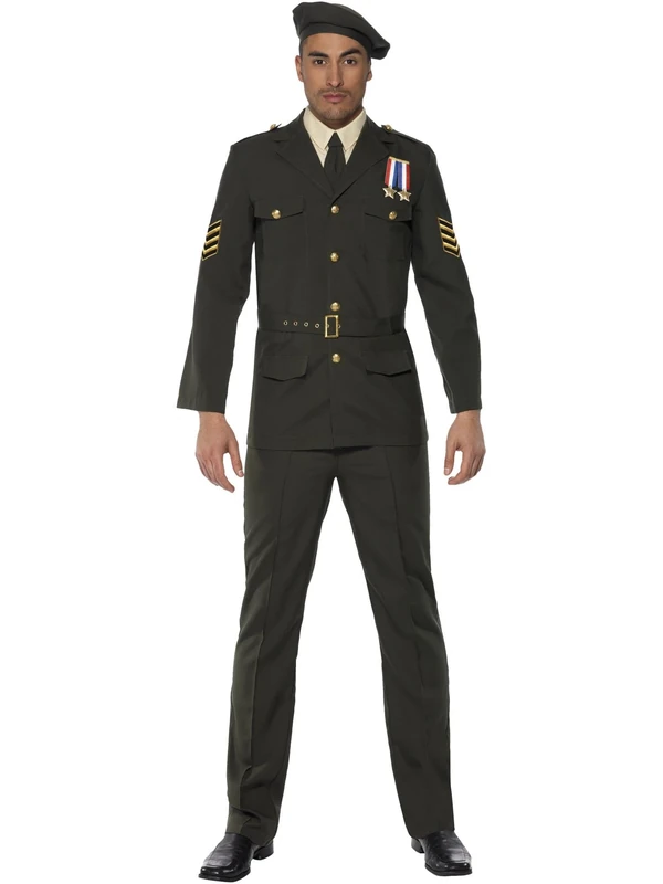 Smiffys Wartime Officer, Green Beret, Tie, Trousers, Belt and Jacket, Land, Sea and Air Forces Fancy Dress, Army Dress Up Costumes