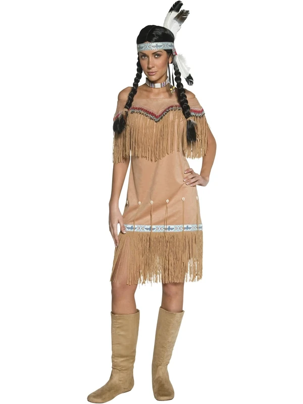 Smiffys DeluxeNative American Inspired Lady Costume, Beige with Dress and Fringing, Cowboys and Indians Fancy Dress, Adult Dress Up Costumes, World Book Day