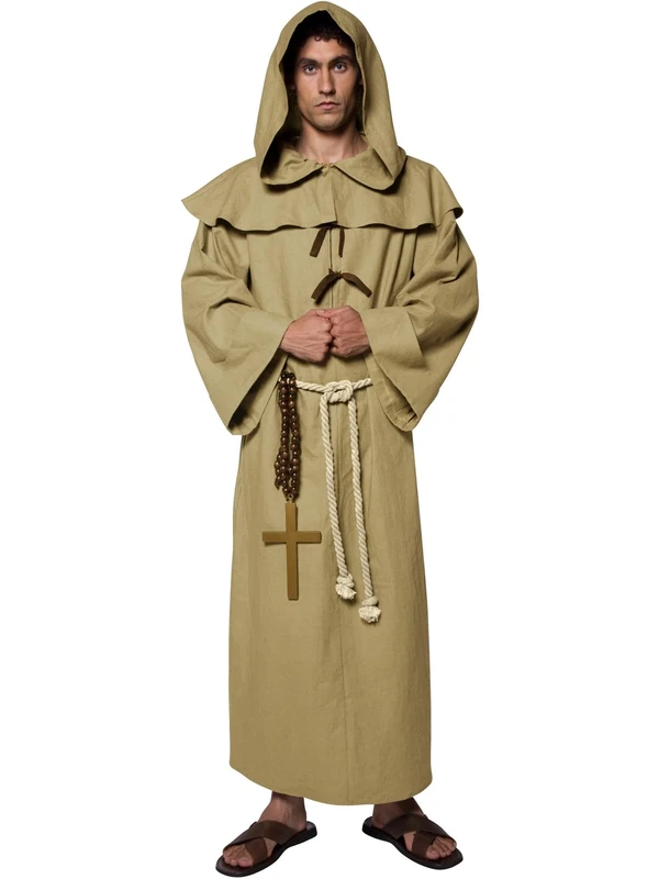 Smiffys Tales of Old England Friar Tuck, Brown with Robe, Hood, Belt and Cross, Historical Fancy Dress, Adult Dress Up Costumes