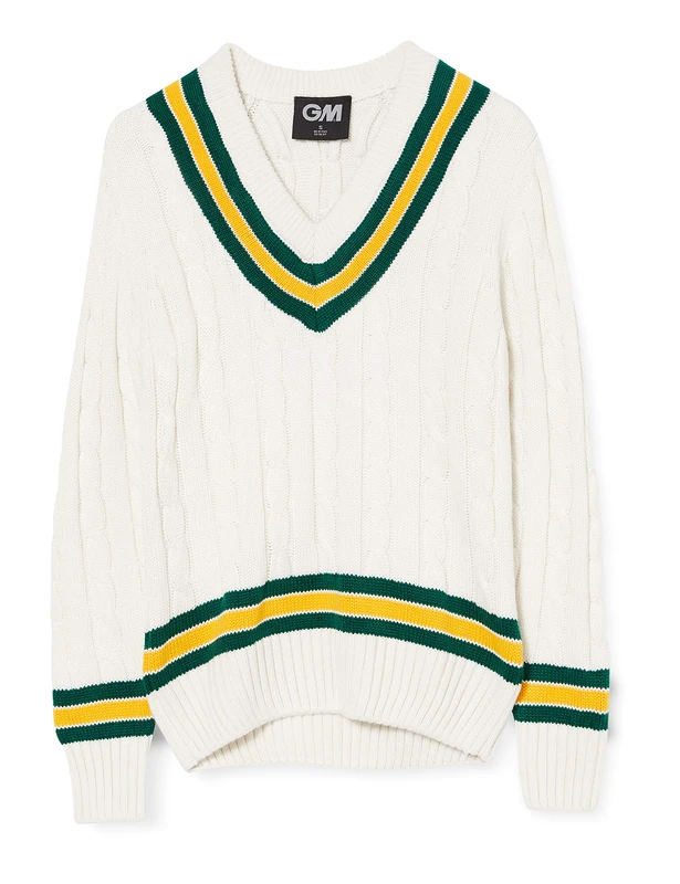 Gunn & Moore GM | Cricket Sweater Jumper Pullover | Classic Heavy Cable Knit | Long Sleeve | Cream with Green & Gold Trimmed Collar | Large Junior to fit Chest 33"