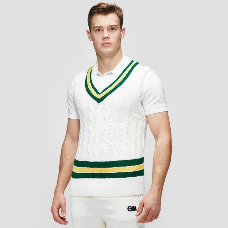 Gunn & Moore GM | Cricket Sweater Jumper Pullover | Classic Heavy Cable Knit | Long Sleeve | Cream with Green & Gold Trimmed Collar | Medium to fit Chest 38-40"