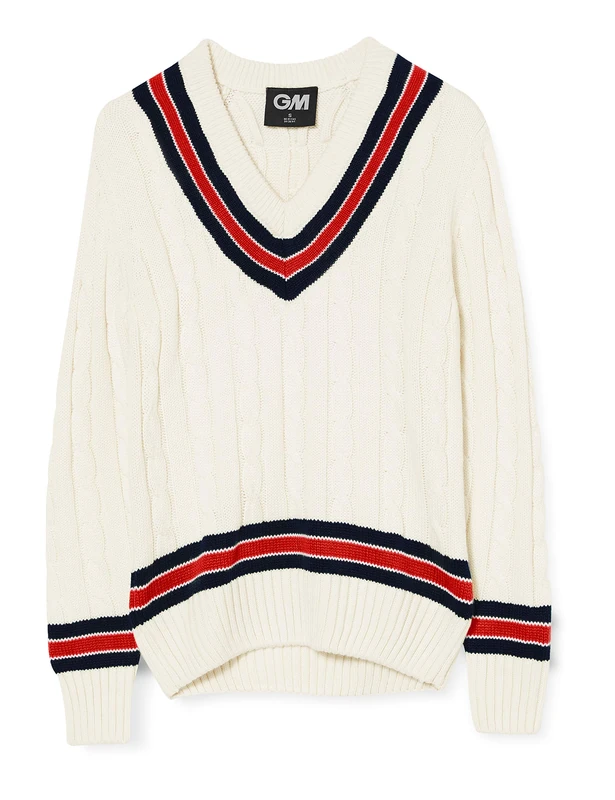 Gunn & Moore GM | Cricket Sweater Jumper Pullover | Classic Heavy Cable Knit | Long Sleeve | Cream with Navy Blue & Red Trimmed Collar | Small Junior to fit Chest 27"