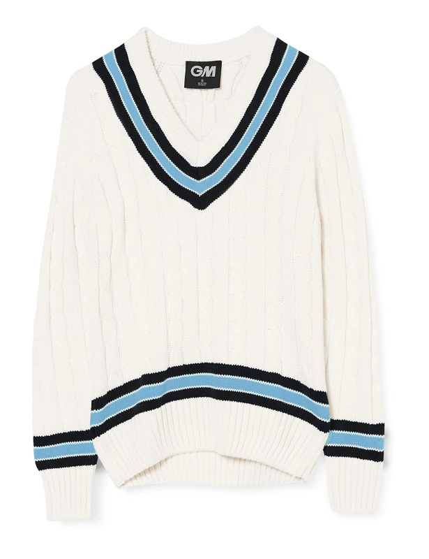 Gunn & Moore GM | Cricket Sweater Jumper Pullover | Classic Heavy Cable Knit | Long Sleeve | Cream with Navy Blue & Sky Blue Trimmed Collar | Small to fit chest 36"