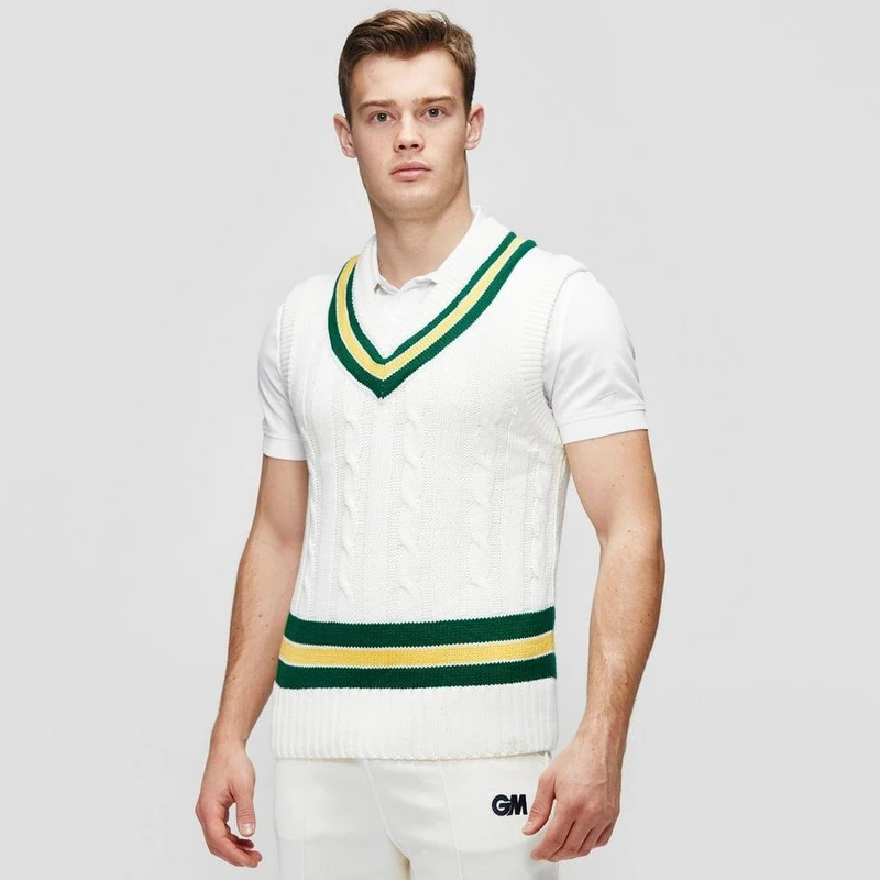 Gunn & Moore GM | Cricket Sweater Jumper Slipover | Classic Heavy Cable Knit | Sleeveless | Cream with Green & Gold Trimmed Collar | Small to fit Chest 36"