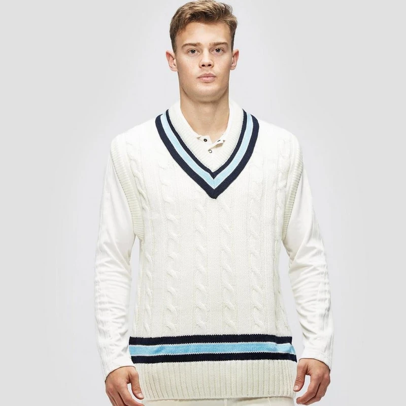 Gunn & Moore GM | Cricket Sweater Jumper Slipover | Classic Heavy Cable Knit | Sleeveless | Cream with Navy Blue & Sky Blue Trimmed Collar | Large to fit Chest 42"