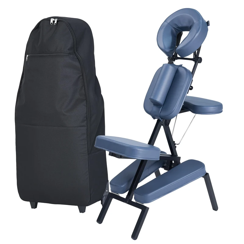 Master Massage Professional Lightweight Portable Massage Chair—Foldable and Adjustable, Aluminum Chair with a Wheeled Carrying case for Tattoos and Massages (Blue).